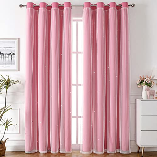 Nyescasa Verdunklungs Vorhänge Kinderzimmer Vorhang Doppellagige Gardienen mit Höhlen Sterne mit Voile Ösenschal für Wohnzimmer Schlafzimmer Mädchen Dekoschal 2er Set 274x132cm(H×B) Rosa von Nyescasa