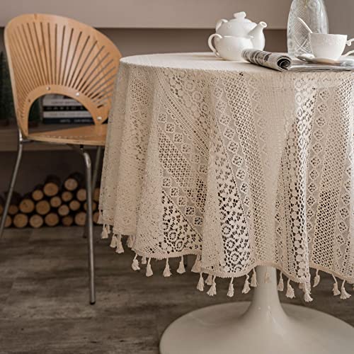 Nyescasa Vintage Rund Tischdecke Garten Spitze Tischwäsche mit Quaste Baumwolle Gewebte Durchbrochene Tischtuch Klein Tafeltuch für Outdoor Garten Couchtisch Esstisch Wohnzimmer 150cm Beige von Nyescasa