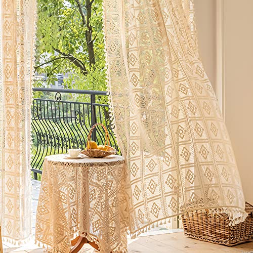 Nyescasa Vintage Vorhänge Landhausstil Häkeln Stricken Vorhang Boho Bohemien Baumwolle Vorhänge mit Ösen mit Quaste Ösenschal Luftig Dekoschal für Wohnzimmer Schlafzimmer Beige 2er Set B135×H100cm von Nyescasa