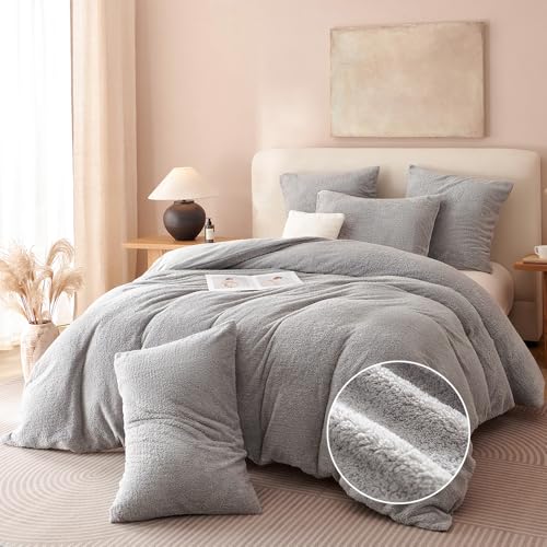 Nyescasa Warme Winter Bettwäsche 135x200 Grau Flauschig Teddy Wendebettwäsche Plüsch Sherpa Flanell Deckenbezug Fleece Cashmere Touch Bettbezug mit Reißverschluss und Kissenbezug 80x80cm von Nyescasa