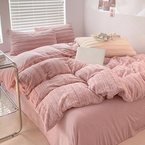 Nyescasa Winter Plüsch Bettwäsche 220x240 Rosa Gestreift Warme Langhaar Flauschige Biber Flanell Fleece Wende Winterbettwäsche Set Mädchen Bettbezug mit Reißverschluss und 2 Kissenbezug 80x80cm von Nyescasa