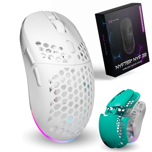 Nyfter - NYF22 Türkis-White Wireless Gaming Gen2 Mouse Ultraleicht 75g leistungsstark mit 400mA 19K DPI, 400 IPS 1000 hz 50h Akkulaufzeit langlebig Zwei wechselbare Cases inkl. von Nyfter