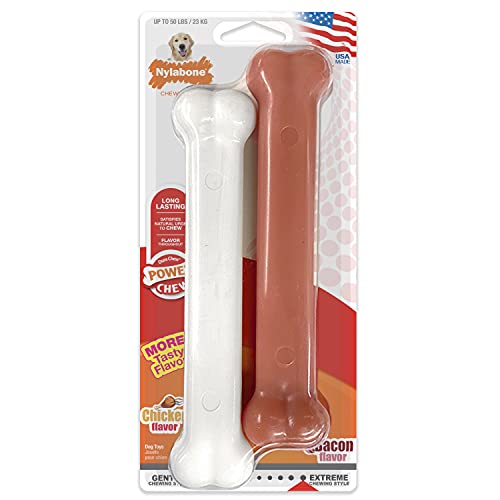 Nylabone 982904 Dura Power Chew, knochenförmig, Doppelpack mit Speck- und Hähnchengeschmack, für große Hunde (bis 23 kg), L von Nylabone