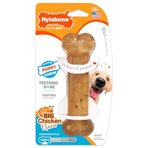 Nylabone, Kauknochen für Welpen und Zahnpflege-Spielzeug für zahnende Welpen, Wohltuender Gummi-Kauknochen, für mittelgroße Welpen bis 16 kg, Hähnchengeschmack, für sanft kauende/zahnende Hunde von Nylabone