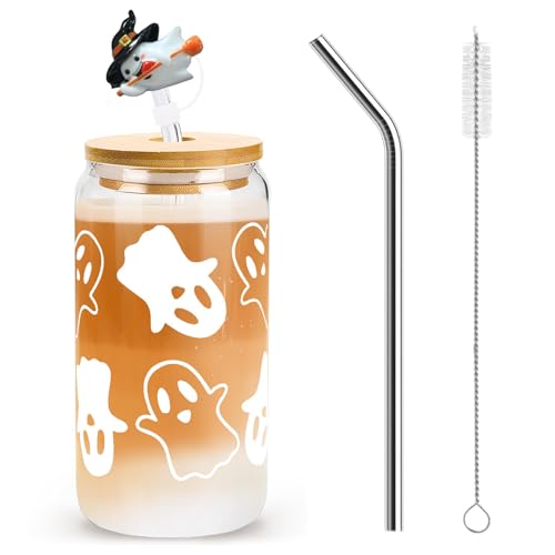 Nymora Halloween Becher mit Deckel und Strohhalm, Herbst Tasse, Gespenst Glaswaren Trinkwasserflaschen Nymora Halloween Becher mit Deckel und Strohhalm, Herbst Tasse, Gespenst Glaswaren Trinkwasserflaschen von Nymora