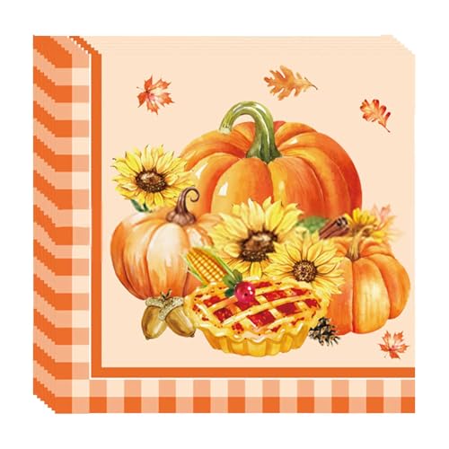 Nymora Kürbis Servietten Herbst Blume 20 Stück, 33 33cm, Thanksgiving Tischdeko, 3 Designs, Papier Servietten mit Herbstmotiv, ideal für Herbstliches Festessen von Nymora