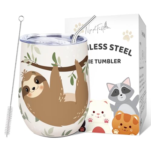 NymphFable 12oz/350ml Edelstahl Thermobecher Kaffeebecher to go, Faultier Weinbecher Weinglas Mit Deckel und Strohhalm, Kaffee, Cocktails von NymphFable