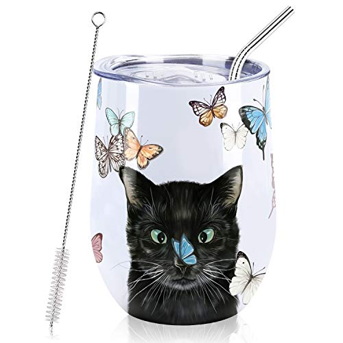 NymphFable 12oz Katze Schmetterling Becher Thermobecher Kaffeebecher to go Edelstahl Weinglas Mit Deckel Geschenke für Frauen von NymphFable