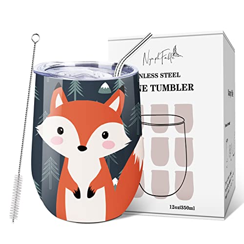 NymphFable 350ml Fuchs Weinbecher mit Deckel und Strohhalm Edelstahl Kaffeebecher to go Geschenke für Frauen von NymphFable