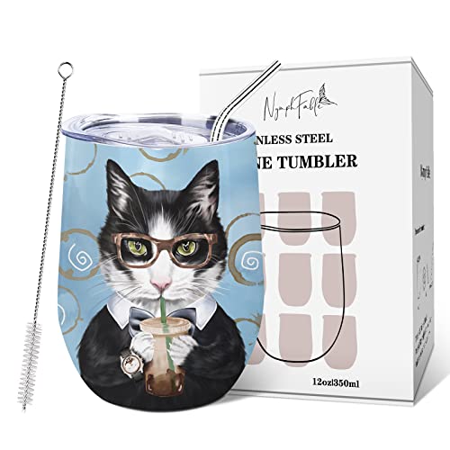NymphFable 350ml Katze Weinbecher mit Deckel und Strohhalm Edelstahl Kaffeebecher thermobecher katze to go Geschenke für Frauen von NymphFable