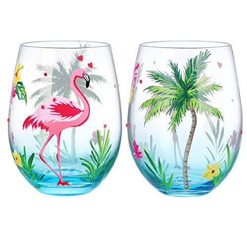 NymphFable Flamingo Weingläser ohne Stiel 2er-Set, Handbemaltes Bunte Weinglas Geschenk für Frauen, mit Geschenkbox, 18oz von NymphFable