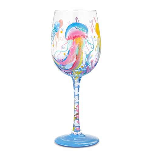 NymphFable Handbemaltes Weinglas Ozean Quallen bunte Artisan gemaltes Glas 15oz Geschenk für Familie Freund Frauen von NymphFable