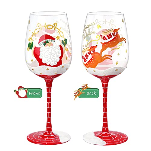 NymphFable Weihnachtsgläser Handbemalt Weinglas Weihnachtsmann Elch für Freund Familie Frohe Weihnachten Weinglas Personalisiert 15oz (1 stück) von NymphFable