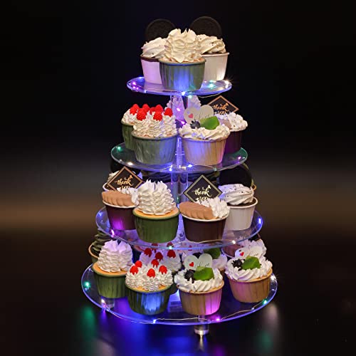Nynelly Kuchenständer mit Lichterkette (bunt), Cupcake-Ständer aus Acryl mit 4 Etagen, transparent, Dessertständer für Hochzeit, Baby, Party, Geburtstag, Party, Buffet, rund von Nynelly