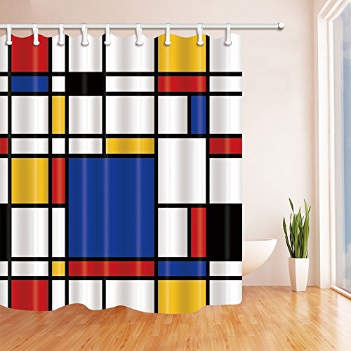 Nyngei Duschvorhang, Motiv: abstrakte geometrische Formen, Mondrian-Nachdruck, schimmelresistent, Polyestergewebe, Badezimmer-Dekorationen, Badevorhänge, inkl. Haken, 180 x 180 cm von Nyngei