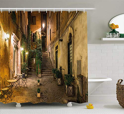 Nyngei Italienischer Duschvorhang Old Courtyard Rom Italien Cafe Stühle Stadt Historische Häuser in Street Cloth Stoff Badezimmer Dekor Set mit180CM Orange Braun von Nyngei