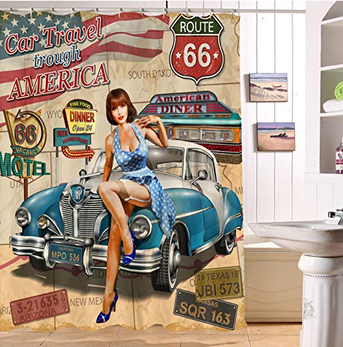 Nyngei Retro Route 66 Beauty Travel US Bath Wasserdichter Stoff Duschvorhang Haken 183 x 183 cm von Nyngei