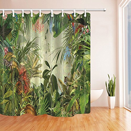 Nyngei Duschvorhang mit Ringen, Tropische Regenwald-Dekoration, Tiere in der Palme und Bananenblätter, schimmelresistent, Polyester-Stoff, 180 x 180 cm, Grün von Nyngei