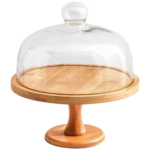 9-Zoll-Kuchenständer aus Holz mit abnehmbarem transparentem Glasdeckel mit Kuppel, multifunktional, für Party-Dessert-Fruchtausstellung und Aufbewahrung von Nyutcwe