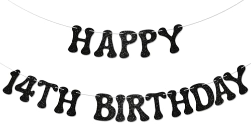 Banner "Happy 14th Birthday" – Cheer to 14 Years, Teen Boys Teen Girls 14th Birthday Party Decorations Black Glitter von Nyvvira