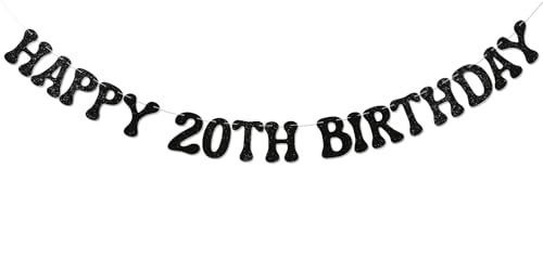 Happy 20th Birthday Banner – Cheer to 20 Years, Hello 20 Schild, lustige Party-Dekorationen zum 20. Geburtstag, schwarzer Glitzer Happy 20th Birthday Banner – Cheer to 20 Years, Hello 20 Schild, lustige Party-Dekorationen zum 20. Geburtstag, schwarzer Glitzer von Nyvvira
