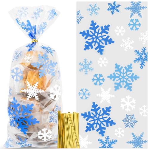 100 Stück Schneeflocke Weihnachten Plätzchentüten, Weihnachten Süßigkeiten Tüten mit 100 Twist Krawatten, Blau Schneeflocke Süßigkeiten Tasche, Cellophantüten Klar für Süßigkeiten Bonbons Plätzchen von O-Kinee