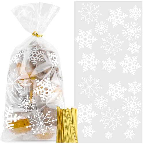 100 Stück Schneeflocke Weihnachten Plätzchentüten, Weihnachten Süßigkeiten Tüten mit 100 Twist Krawatten, Weiß Schneeflocke Süßigkeiten Tasche, Cellophantüten Klar für Süßigkeiten Bonbons Plätzchen von O-Kinee