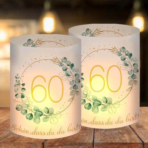 12 Windlicht Tischdeko 60 Geburtstag, Happy Birthday Tischdeko 60. Geburtstag Frauen, Deko 60 Geburtstag Frau Mann, Geeignet für Teelichter oder Kerzen mit Schön DASS Du Da Bist und Eukalyptus von O-Kinee