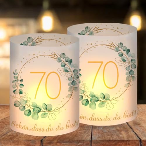 12 Windlicht Tischdeko 70 Geburtstag, Deko 70 Geburtstag Frau Mann, Happy Birthday Tischdeko 70. Geburtstag Frauen, Geeignet für Teelichter oder Kerzen mit Schön DASS Du Da Bist und Eukalyptus von O-Kinee