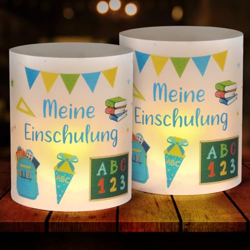 12 Windlicht Tischdeko Einschulung Junge, Meine Einschulung Deko, Windlichter Tischdeko Endlich Schulkind, Deko Einschulung Junge Tisch, Deko Schulanfang Junge Blau, Geeignet für Teelicht oder Kerzen von O-Kinee