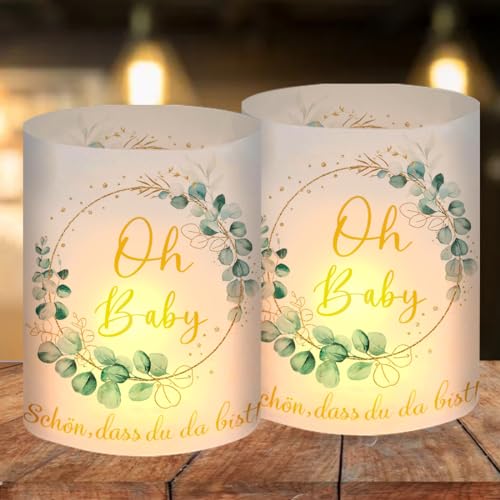 12 Windlicht Tischdeko Oh Baby, Babyshowerparty Deko Mädchen Junge, Teelichter Eukalyptus Grün Deko, Babyparty Deko Neutral, Schön DASS Du Da Bist, Geeignet Für Teelichter Oder Kerzen von O-Kinee