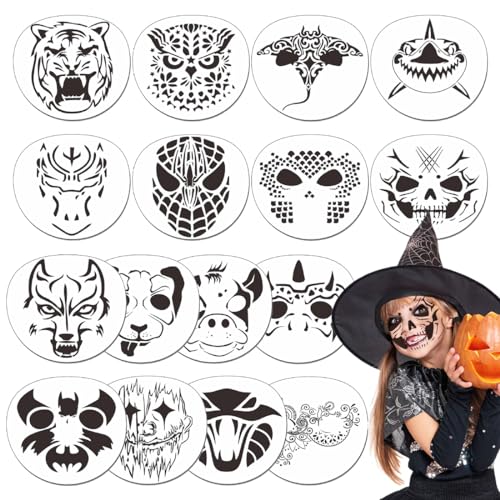 Wiederverwendbare Schablonen, 16pcs Tattoo Schablone für Gesicht und Körper, Face Paint Malschablonen, Malen Schablonen für Halloween Karneval Makeup Schminke DIY Verwendet Kinder Erwachsene von O-Kinee