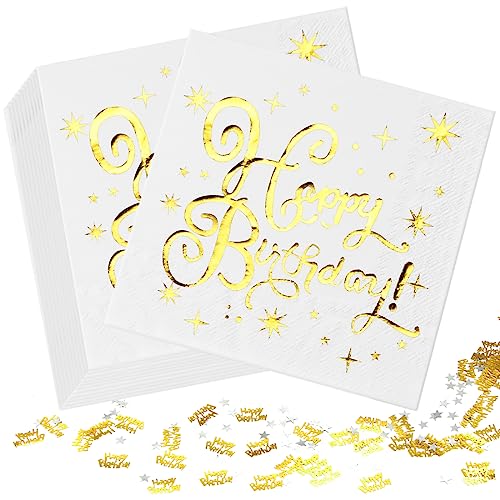 40 Stück Servietten Geburtstag, Servietten Weiß Gold, Servietten Happy Birthday, Papierservietten Paper Napkins, Weiß Gold Deko Geburtstag, 33x33cm für Junge Mädchen Geburtstag Party Deko von O-Kinee