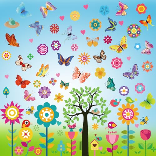 9 Blatt Fensterbilder Frühling, Fensterbilder Kinder, Frühling Sommer Fensterdeko, Fensterbilder Kinderzimmer, Fenstersticker Frühling Selbstklebend, Blumen Schmetterlinge Frühlingsdeko Fenster von O-Kinee