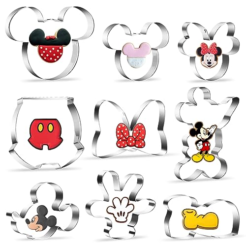 9 Stück Ausstechformen Mickey Mouse, Plätzchen Ausstecher Edelstahl, Mouse Cutter Set, Fondant Ausstecher, Keksausstecher, Minnie Mouse Geschenke Disney Backformen für Kuchendeko von O-Kinee