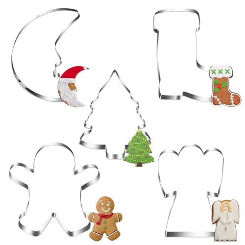 Ausstechformen Weihnachten, 5 Stück Lebkuchenmann Plätzchen Ausstecher Set, Edelstahl Plätzchenausstecher Weihnachtsbaum, Engel Stiefel Keksausstecher, Mond Cookie Cutter Geschenke für Backen von O-Kinee
