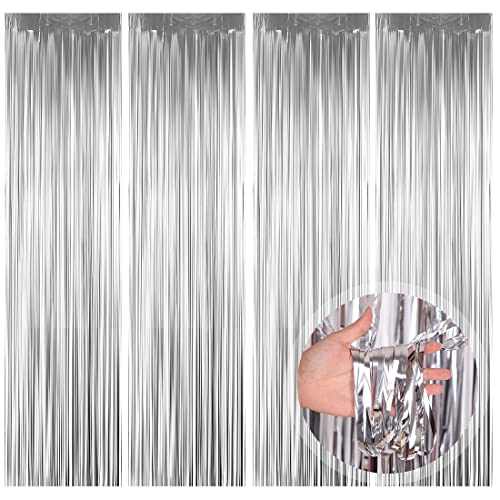 Silvester Lametta Vorhänge Silber, 4 Stück Metallische Glitzervorhang Fringe, Glitzer Tinsel Curtain, Folienfransen Vorhang für Weihnachtsbaum Geburtstage Festivals Party ​Bühnendekor von O-Kinee