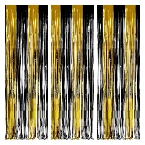 O-Kinee Lametta Vorhänge Gold Schwarz,Party Vorhang 3 Stück, Folienfransen Glitzervorhang 1m x 2.5m Tinsel Curtain,Fotowand Hintergrund Dekoration für Party,Geburtstag, Hochzeit, Festivals Deko von O-Kinee