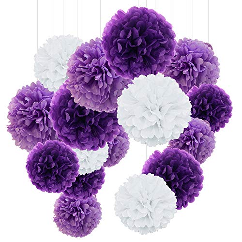 O-Kinee Pom Poms aus Seidenpapier, 24 Stück Seidenpapier Pompons, Blumen Ball Dekorpapier Kit für Geburtstag, Hochzeit, Baby Dusche, Parteien, Partei Dekoration, Helles Lila, Dunkles Violet und Weiß von O-Kinee