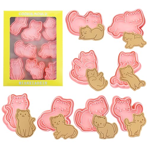 Plätzchenausstecher Katze,Ausstechform,8Pcs Katzen Keksstempel 3D Keksausstecher,Katze Keksschneider,Cookie Cutter für Kuchen, Fondant, Käse, Backformen von O-Kinee