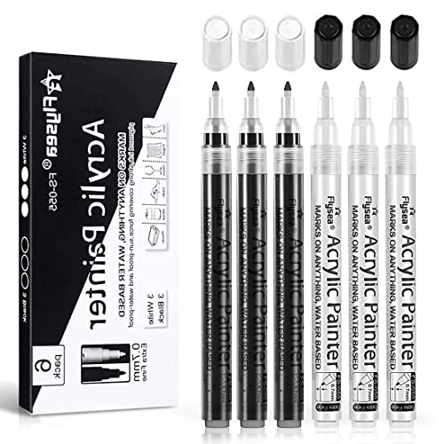 O-Kinee Premium Acrylstifte für Steine, 6 Pack 0.7 mm Wasserfest Acrylstifte Marker Stifte für Steine Holz Metall Leinwand Glas Papier Leder Keramik DIY Zeichnung (3 weiße und 3 schwarze) von O-Kinee