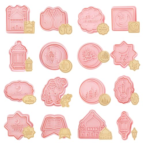 Ramadan Ausstechformen Kinder,Eid Mubarak Keksstempel Keksausstecher,16 Stück Eid Al Fitr-Formen Prägeausstecher Stempel für Kuchen, Fondant, Käse, Backformen von O-Kinee