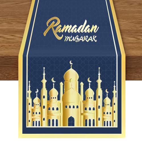 Ramadan Eid Mubarak Tischläufer, Blau Gold Ramadan Mubarak Stern Mond Tischwäsche, Leinen Ramadan Moschee Tischdekorationen, Happy Ramadan Mubarak Tischdecke Dekoration für Islamische Feiertags von O-Kinee