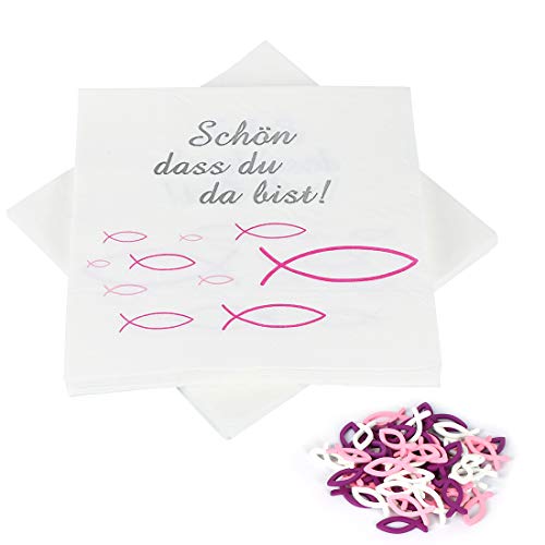 Servietten Fisch Rosa,32 Servietten und 60 Stücke Holz Fische Deko, Taufdeko Mädchen, Kommunion Taufe Tischdeko,Servietten Taufdeko Tisch Deko von O-Kinee