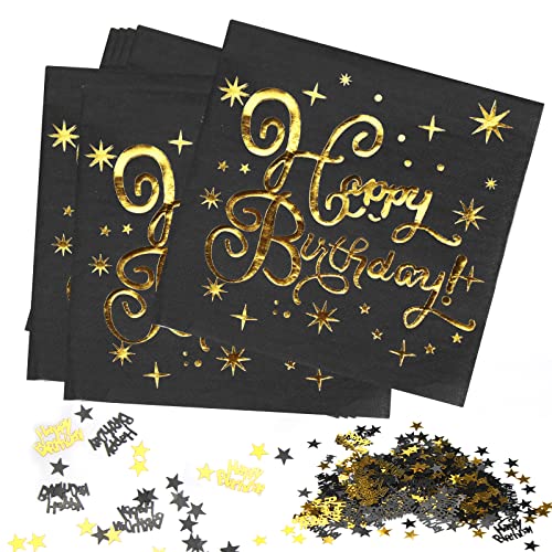 Servietten Gold Schwarz, 40 Stück Servietten Geburtstag, Servietten Happy Birthday, Papierservietten Paper Napkins, Schwarz Gold Deko Geburtstag, 33x33cm für Junge Mädchen Geburtstag Party Deko von O-Kinee