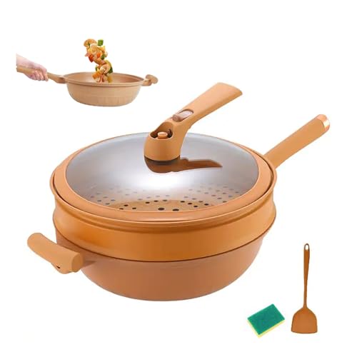 Antihaftbeschichteter Ton-Wok mit Dampfkorb, 32 cm, Multifunktionaler Keramik-Ton-Antihaft-Mikrodrucktopf mit Deckel, 2-in-1 Mikrodruck und Induktionsboden, Miniatur-Schnellkochtopf für alle Herdarten von O·Lankeji