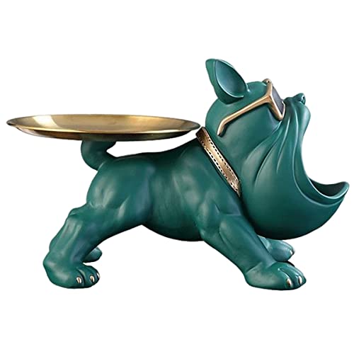 Coole Bulldogge Deko Französische Bulldogge Skulptur Hunde-Statue Aus Kunstharz Welpe DekorationMit Edelstahl Tablett Für Schlüssel Organizer Süßigkeiten Aufbewahrungsbox Tischdekoration (Color : Grü von O·Lankeji
