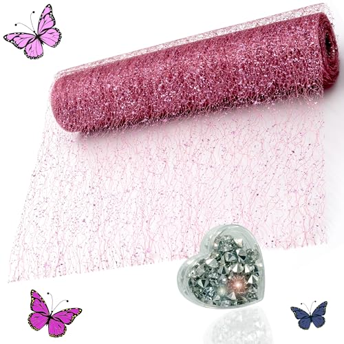 O-S Tischläufer Dekostoff Rolle- Rosa (29cm x 3m) mit 120 Deko-Diamanten - 2-teiliger Tischläufern Set für besondere Anlässe, stilvolle Tischdeko für Geburtstag & Hochzeit von O-STOREYA