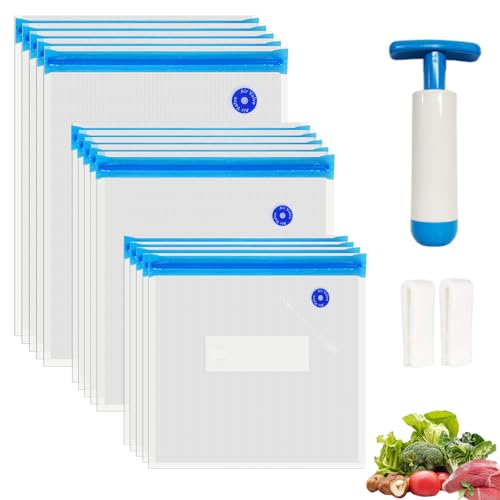 O2frepak 15er-Pack wiederverwendbare Sous-Vide-Beutel,BPA-freie Vakuumbeutel in 3 Größen mit Pumpe und 2 Verschlussclips zum Sous-Vide-Kochen und zur Lebensmittelaufbewahrung (blaues Set) von O2frepak