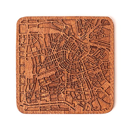 Amsterdam Map Untersetzer von O3 Design Studio, 1 Stück, Sapeli-Holz-Untersetzer mit Stadtkarte, mehrere Stadt optional, handgefertigt von O3 DESIGN STUDIO